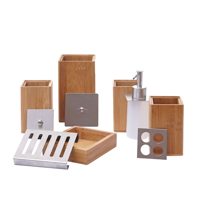 Set de salle de bains, 7 pièces accessoires de bain, distributeur de savon, bambou