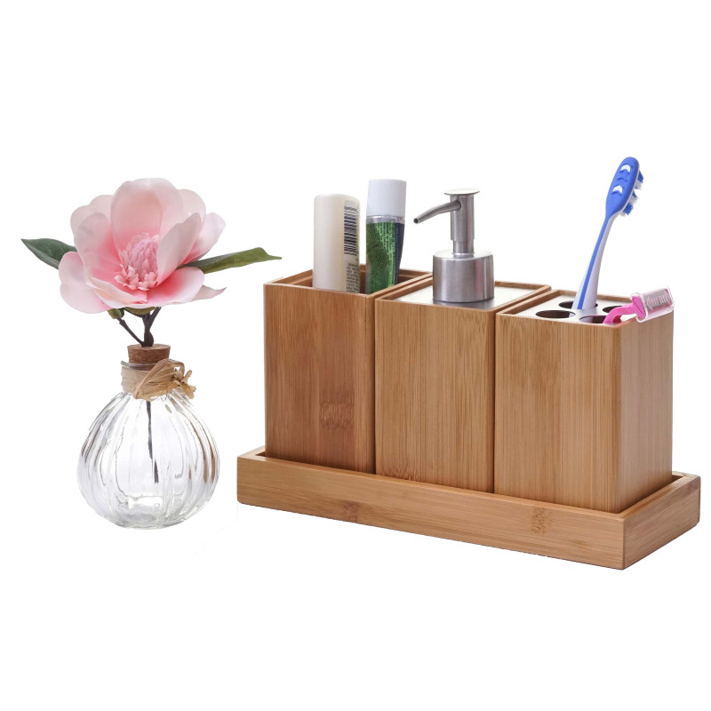 Set de salle de bains, 4 pièces accessoires de bain, distributeur de savon, bambou