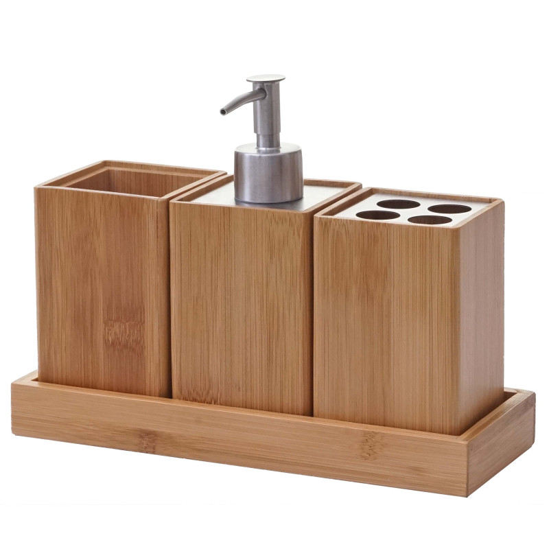 Set de salle de bains, 4 pièces accessoires de bain, distributeur de savon, bambou