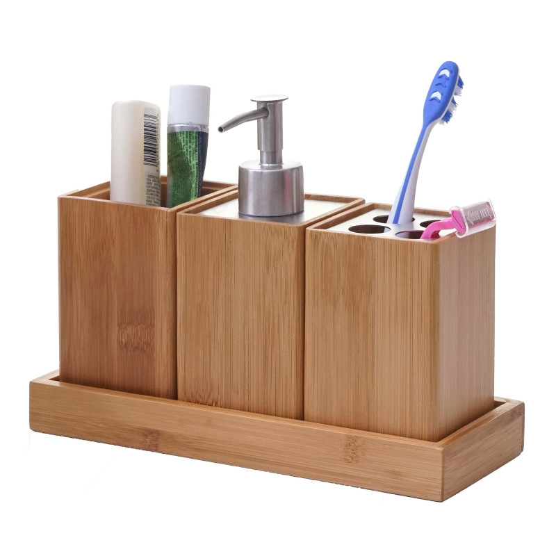 Set de salle de bains, 4 pièces accessoires de bain, distributeur de savon, bambou