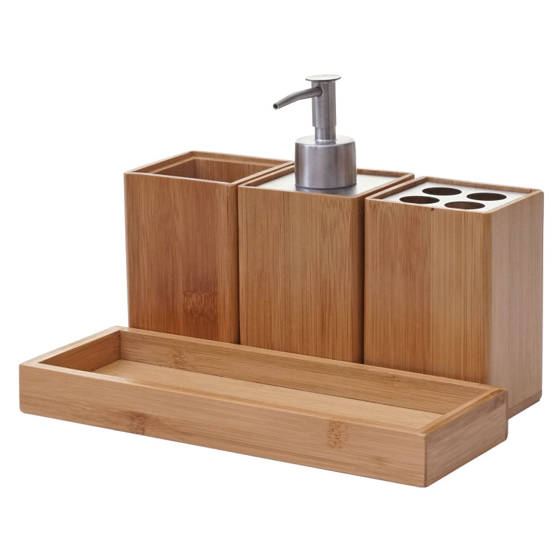 Set de salle de bains, 4 pièces accessoires de bain, distributeur de savon, bambou