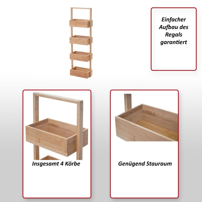 Étagère étagère indépendante de salle de bains, 4 paniers, bambou - 88x28x15cm