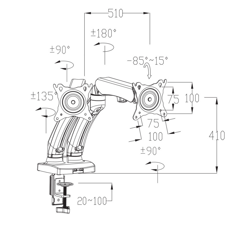 Support d'écran VESA jusqu'à 75x75/100x100mm montage perçage, pivotant inclinable rotatif - deux bras