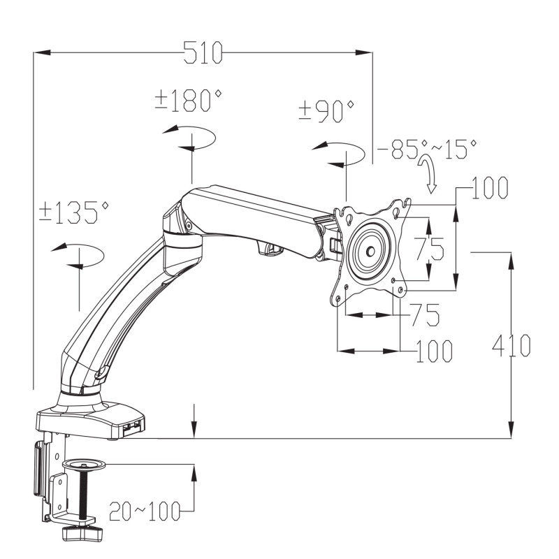 Support d'écran VESA jusqu'à 75x75/100x100mm montage perçage, pivotant inclinable rotatif - un bras