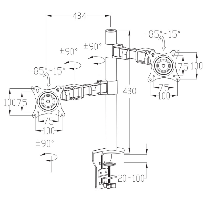 Support d'écran VESA jusqu'à 75x75/100x100mm pivotant inclinable rotatif jusqu'à 9kg - avec deux bras