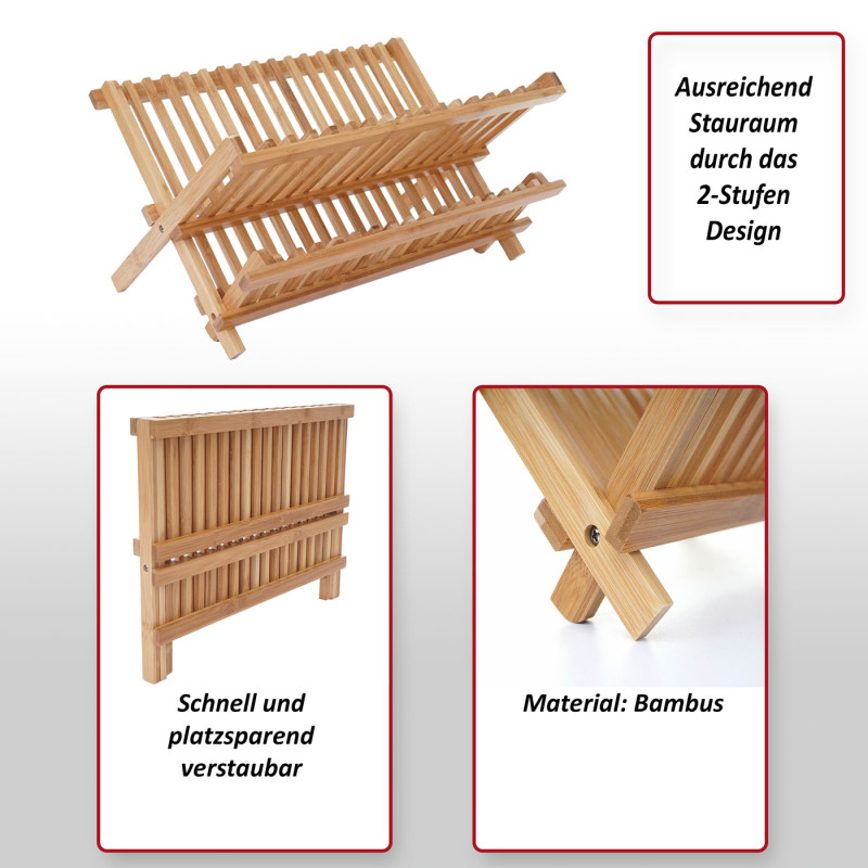 Égouttoir rack de vaisselle, surface d'égouttage, bambou 24x40x26cm