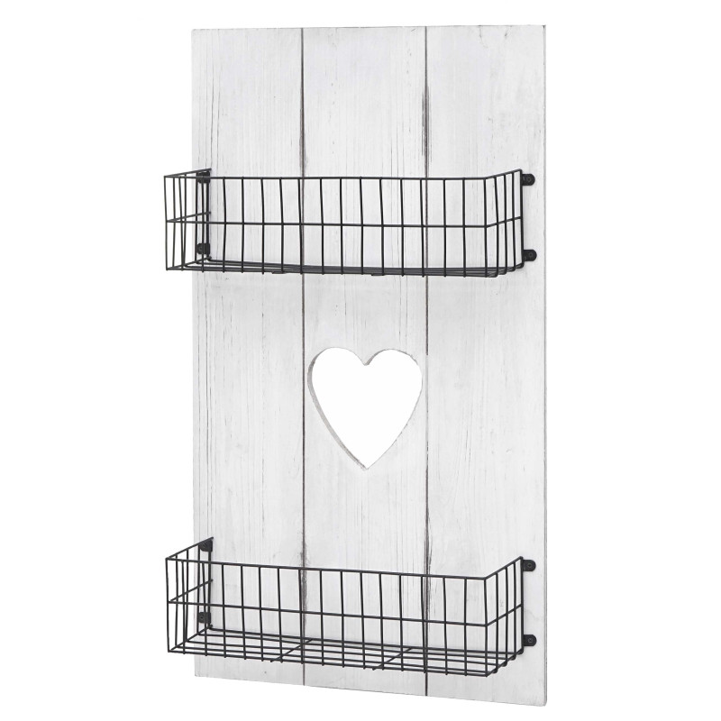 Étagère murale panneau mural, étagère avec petits paniers, blanc, shabby, bois massif - 70x40x10cm