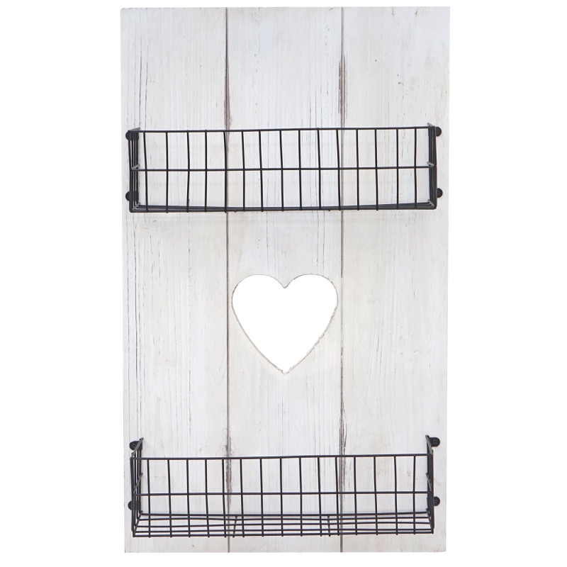 Étagère murale panneau mural, étagère avec petits paniers, blanc, shabby, bois massif - 70x40x10cm