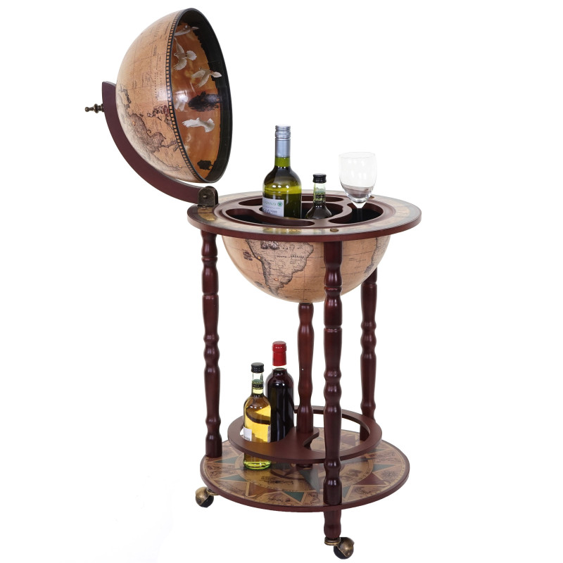 Bar de salon minibar, étagère de vin, globe terrestre Ø 33cm, roulant, bois d'eucalyptus - marron