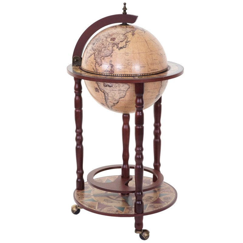 Bar de salon minibar, étagère de vin, globe terrestre Ø 33cm, roulant, bois d'eucalyptus - marron