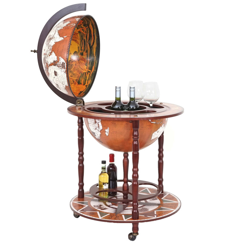 Bar de salon minibar, étagère de vin, globe terrestre Ø 45cm, roulant, bois d'eucalyptus