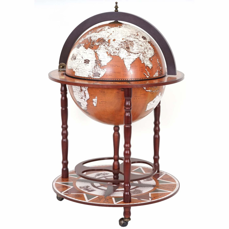 Bar de salon minibar, étagère de vin, globe terrestre Ø 45cm, roulant, bois d'eucalyptus