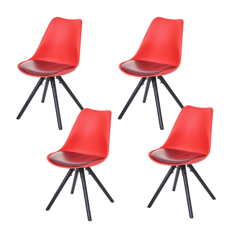 4x chaise de séjour/salle à manger Malmö T501, design rétro - rouge, siège similicuir rouge, pieds foncés