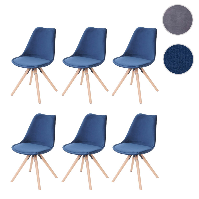 6x chaise de séjour/salle à manger Malmö T501, design rétro, velours - pétrole, siège pétrol, pieds clairs