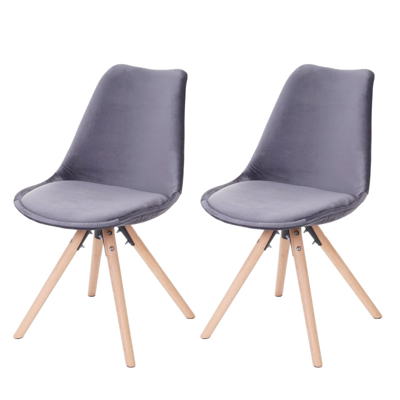 2x chaise de séjour/salle à manger Malmö T501, design rétro, velours - gris, siège gris, pieds clairs