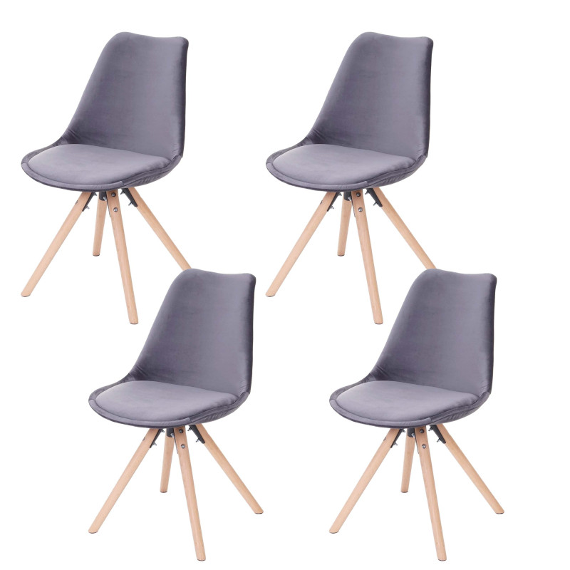 4x chaise de séjour/salle à manger Malmö T501, design rétro, velours - gris, siège gris, pieds clairs