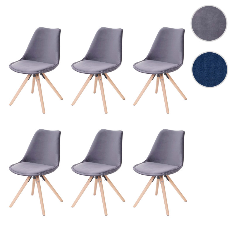 6x chaise de salle manger Malmö T501, design rétro, velours - gris, siège gris, pieds clairs