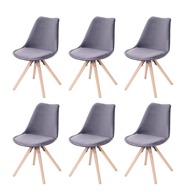 6x chaise de salle manger Malmö T501, design rétro, velours - gris, siège gris, pieds clairs