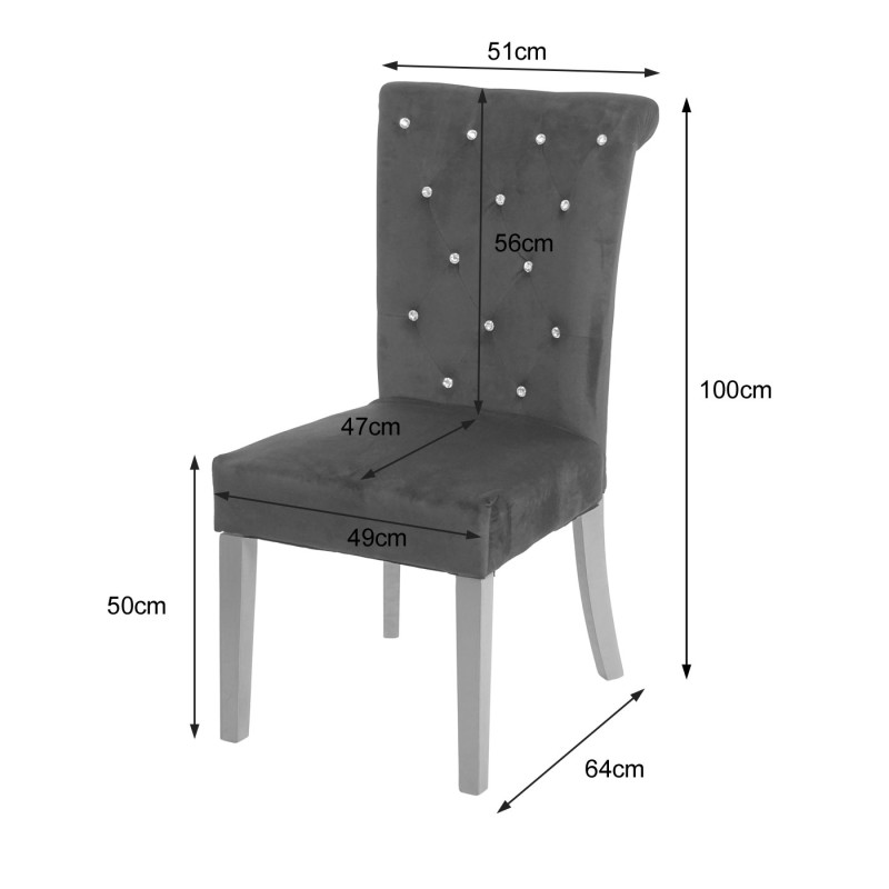 2x chaise de salle à manger fauteuil avec rivets, velours - noir