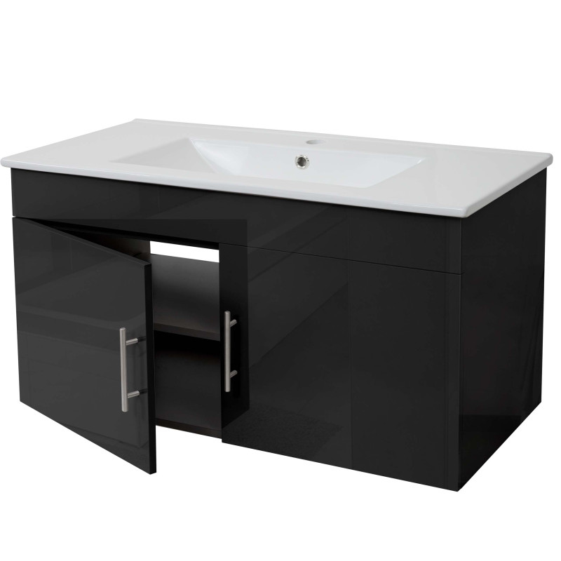 Lavabo + meuble sous évier meuble sous vasque, poli miroir 90cm - noir