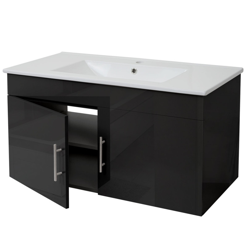 Lavabo + meuble sous évier meuble sous vasque, poli miroir 90cm - noir