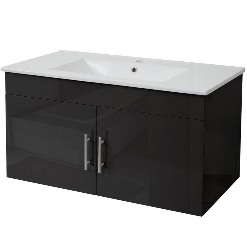 Lavabo + meuble sous évier meuble sous vasque, poli miroir 90cm - noir