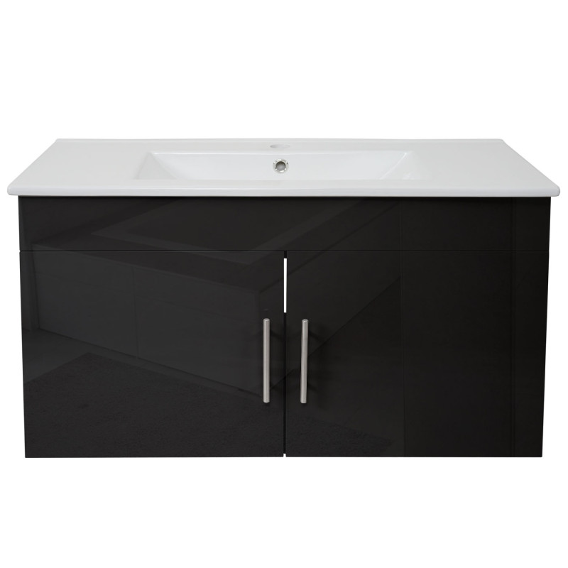 Lavabo + meuble sous évier meuble sous vasque, poli miroir 90cm - noir