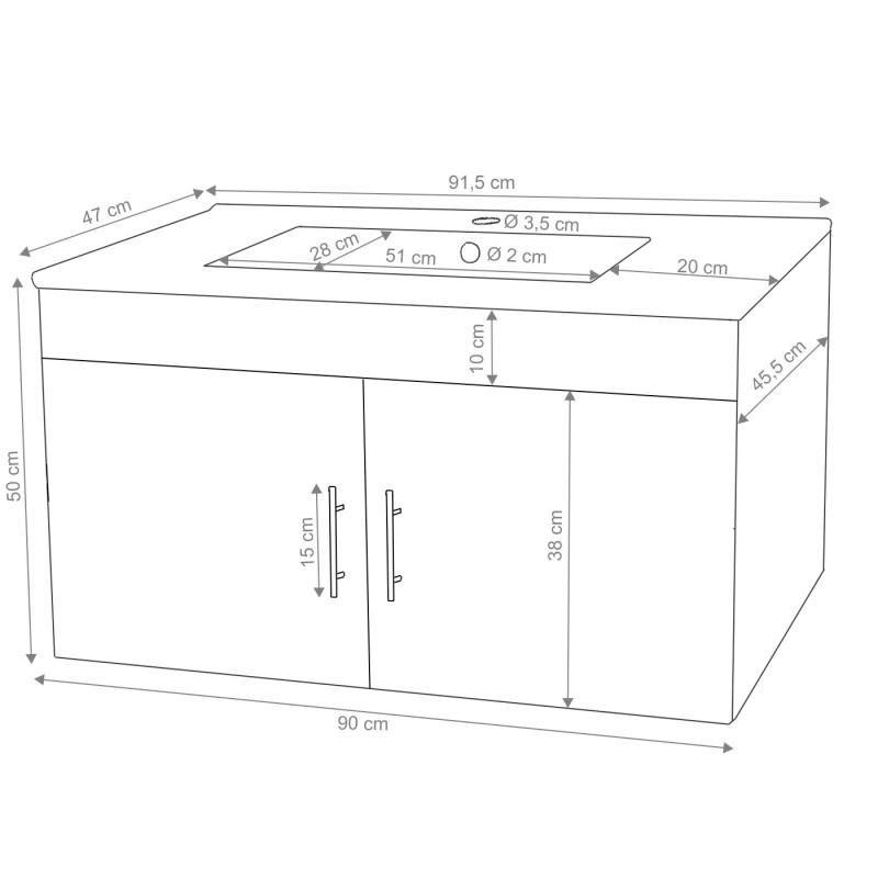 Lavabo + meuble sous évier meuble sous vasque, poli miroir 90cm - noir