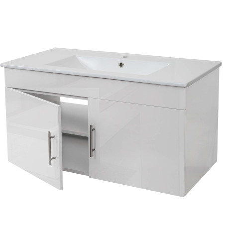 Lavabo + meuble sous évier meuble sous vasque, poli miroir 90cm - blanc