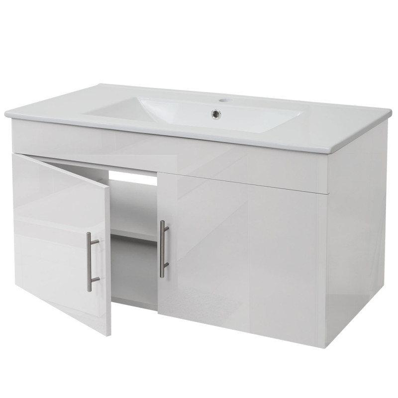 Lavabo + meuble sous évier meuble sous vasque, poli miroir 90cm - blanc