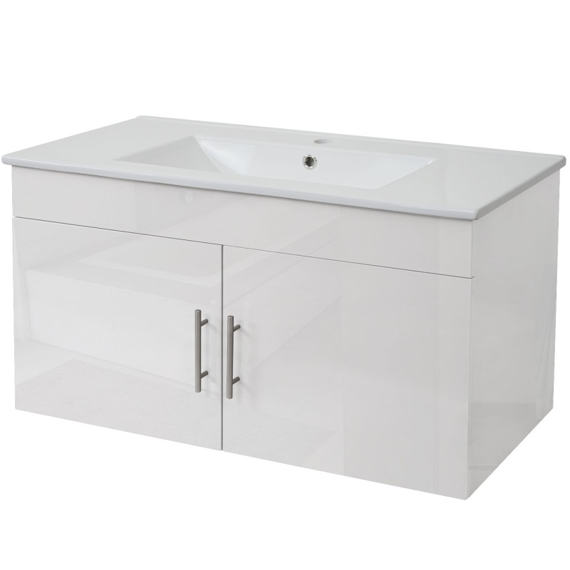 Lavabo + meuble sous évier meuble sous vasque, poli miroir 90cm - blanc