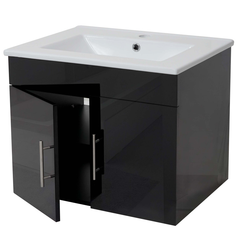 Lavabo + meuble sous évier meuble sous vasque, poli miroir 60cm - noir