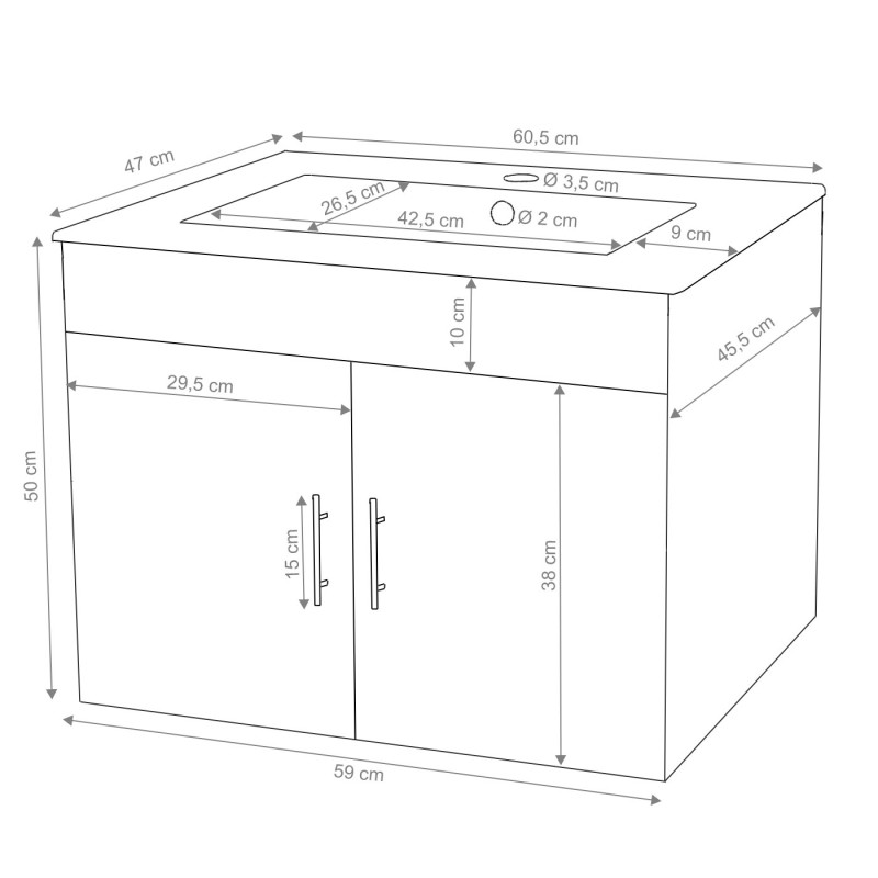 Lavabo + meuble sous évier meuble sous vasque, poli miroir 60cm - noir