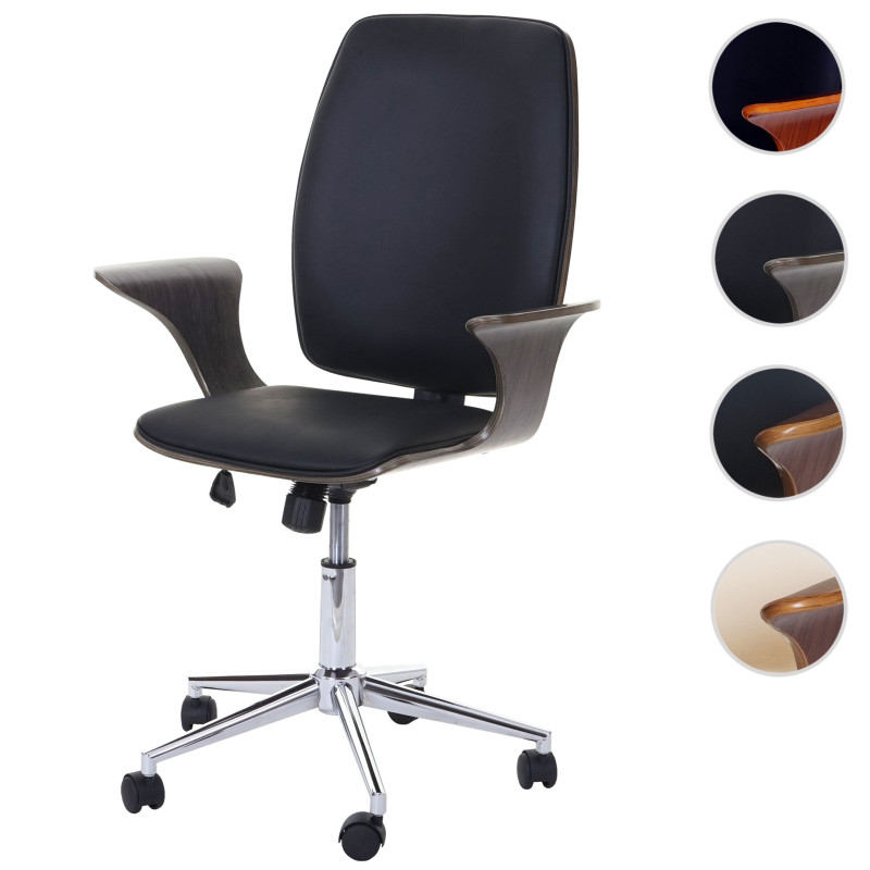 Chaise de bureau bois courbé, chaise pivotante, similicuir - design bois de noyer, tissu noir