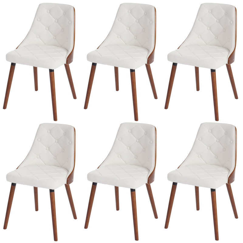 Lot de 6 chaises de salle à manger  visiteur, aspect noyer bois courbé - similicuir blanc