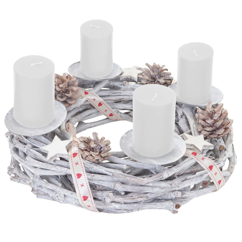 Couronne de l'avent, bois, rond Ø 30cm, blanc-gris - bougies blanches