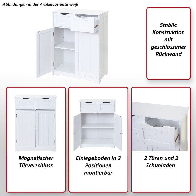 Commode 2 tiroirs, 2 portes, 82x60x30cm, blanc