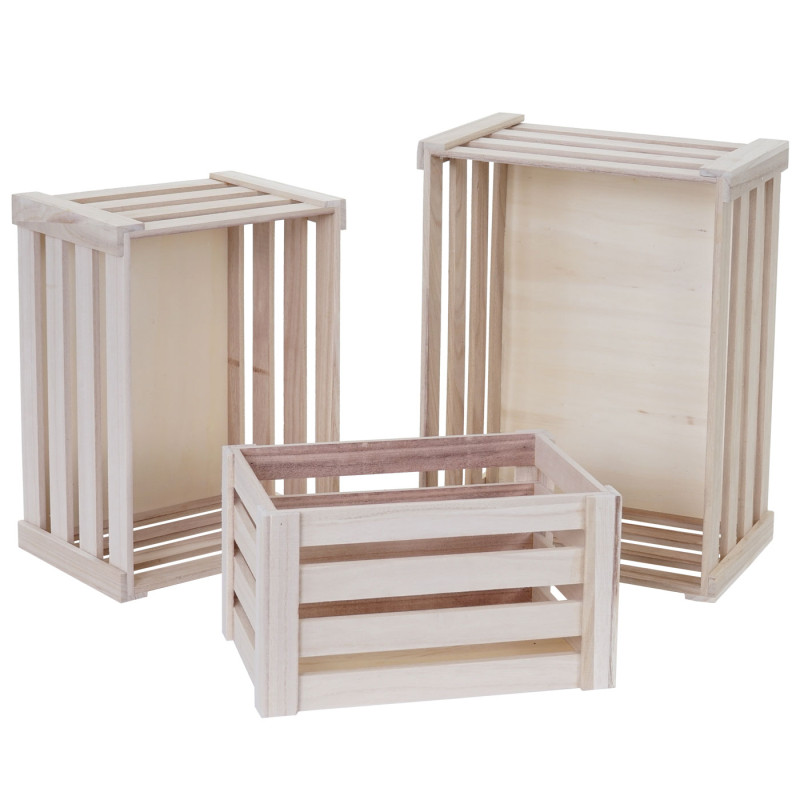 Set de 3 paniers en bois - couleur naturelle, shabby