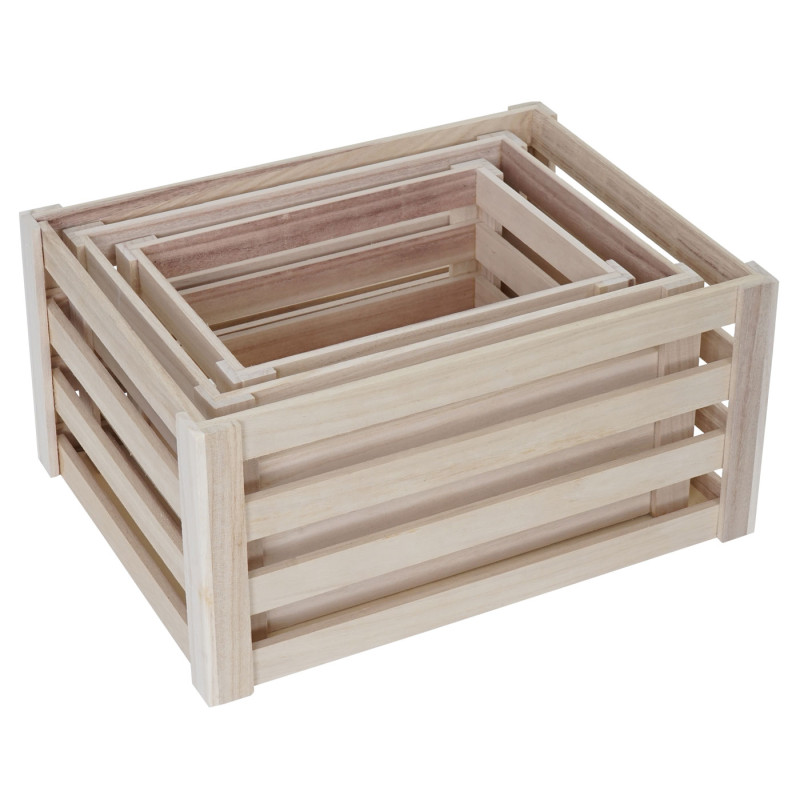 Set de 3 paniers en bois - couleur naturelle, shabby