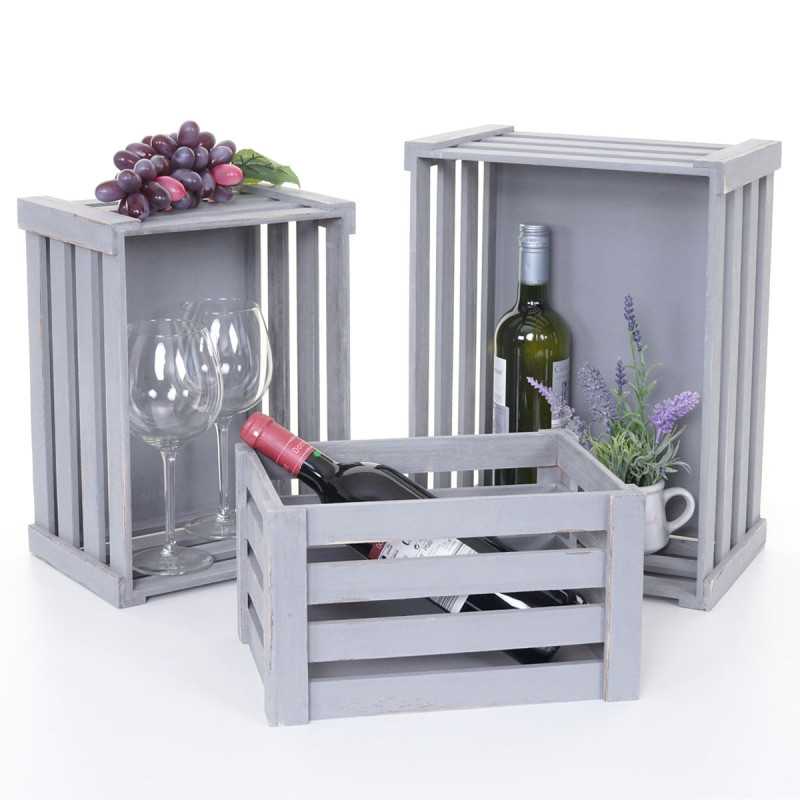 Set de 3 paniers en bois - gris shabby