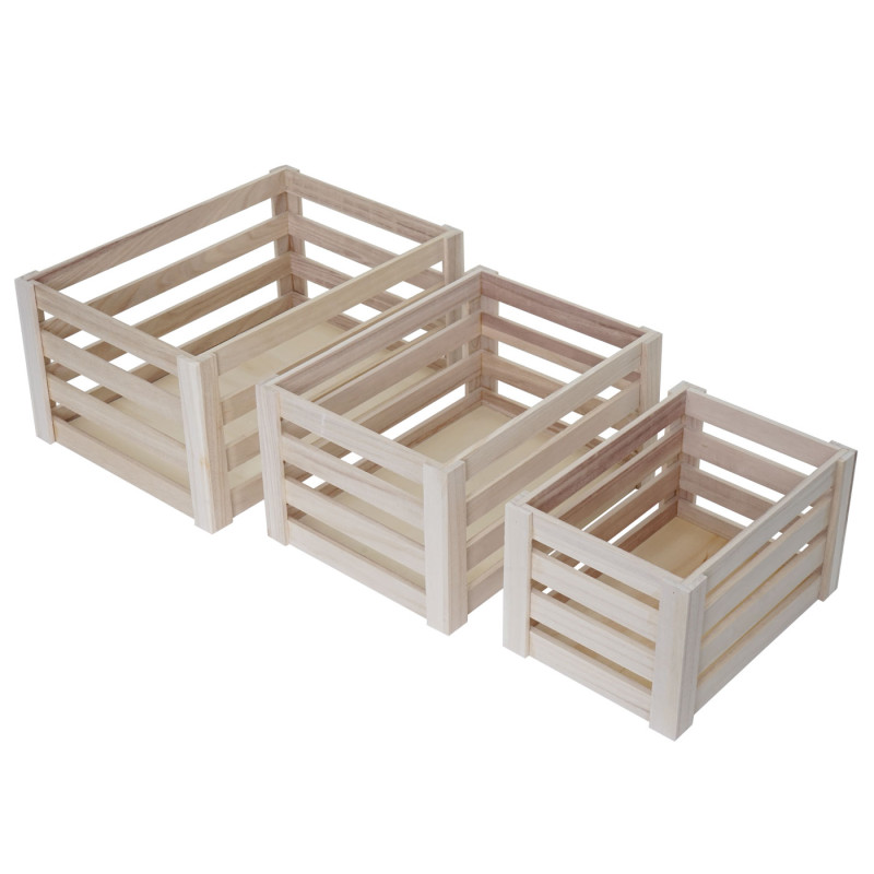 Set de 3 paniers en bois - couleur naturelle, shabby