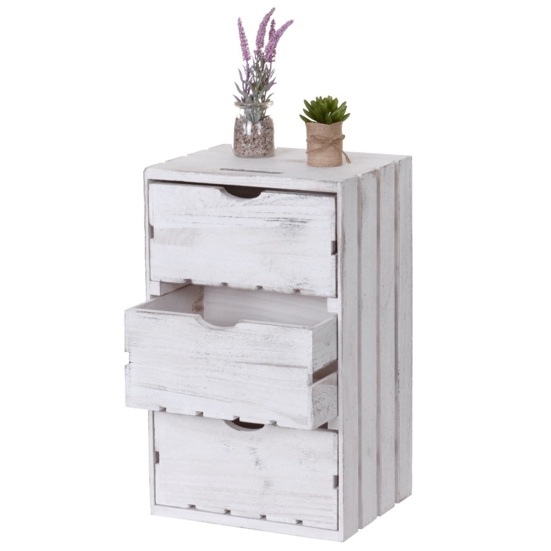 Commode 3 tiroirs, 53x32x26cm - blanc shabby