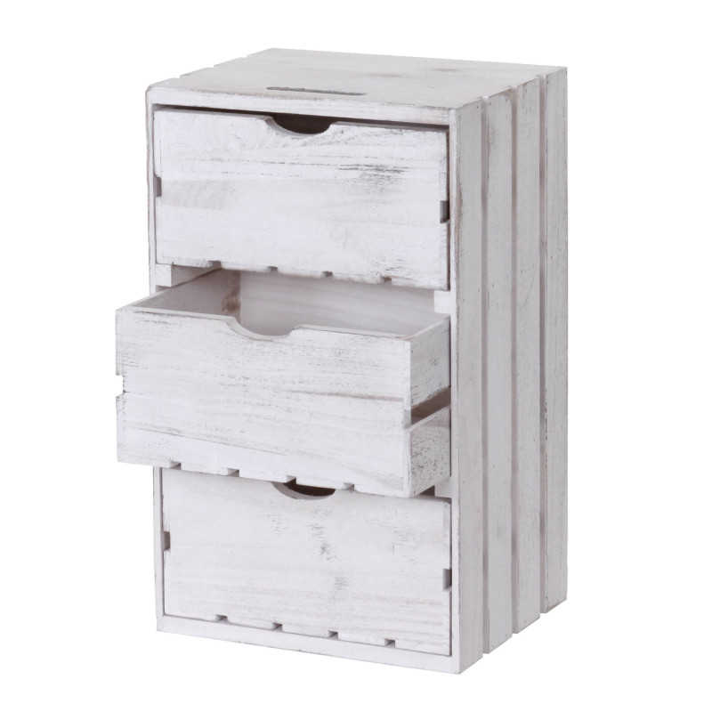 Commode 3 tiroirs, 53x32x26cm - blanc shabby