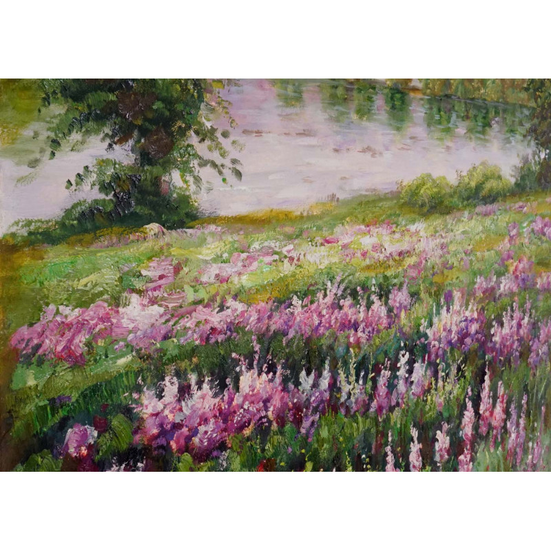 Peinture prairie de fleurs plongée aux pieds des montagnes