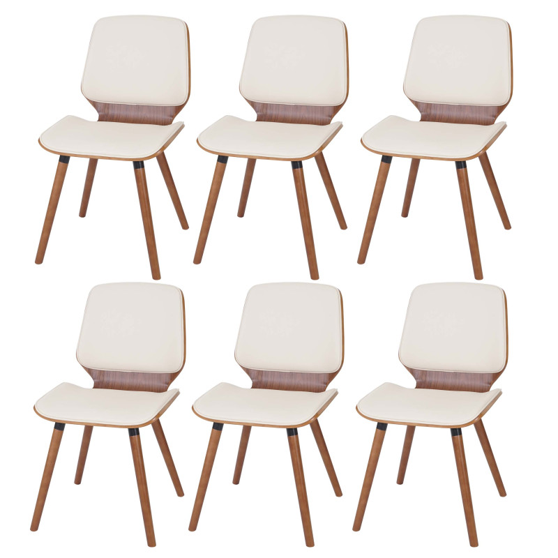 6x Chaise de salle à manger bois courbé, rétro, aspect noyer - similicuir crème
