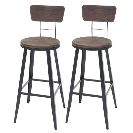 2x Tabouret de bar orme, design industriel, brun foncé