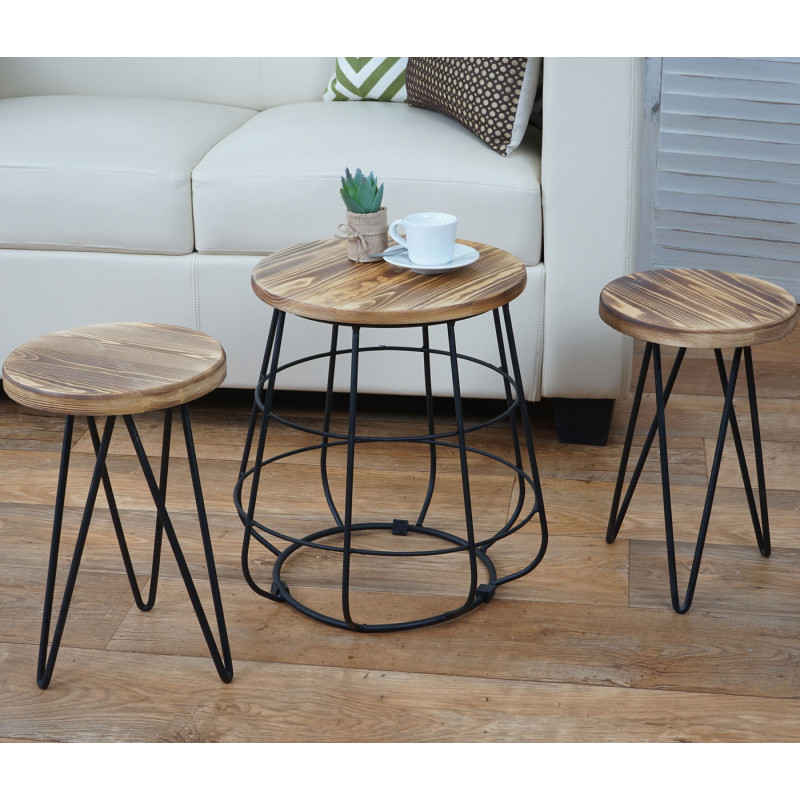 2x tabouret avec table ensemble, desgin industriel, bois naturel