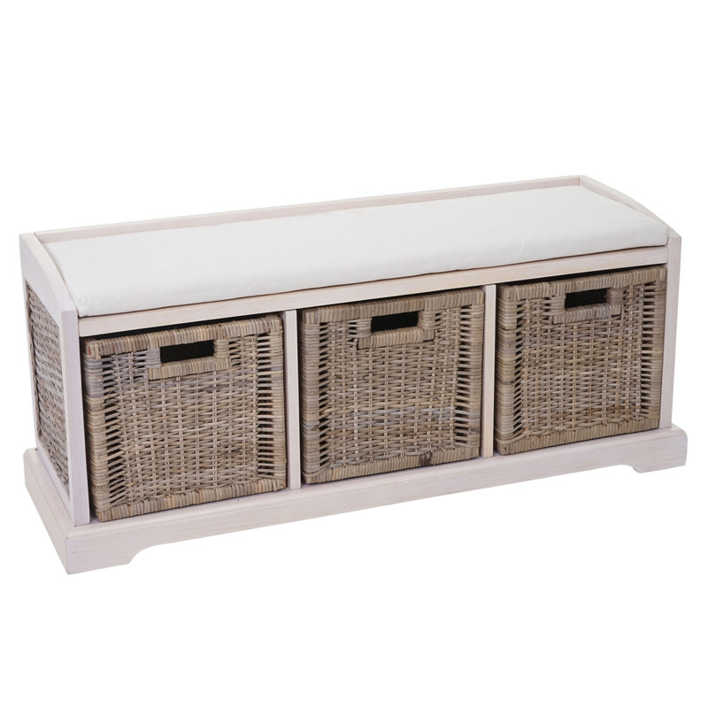 Banc / banquette Bienne, boîte de rangement, 3 paniers, treillis en rotin kubu, 112x46x37cm - blanc