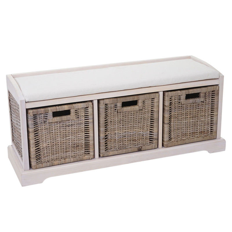 Banc / banquette Bienne, boîte de rangement, 3 paniers, treillis en rotin kubu, 112x46x37cm - blanc