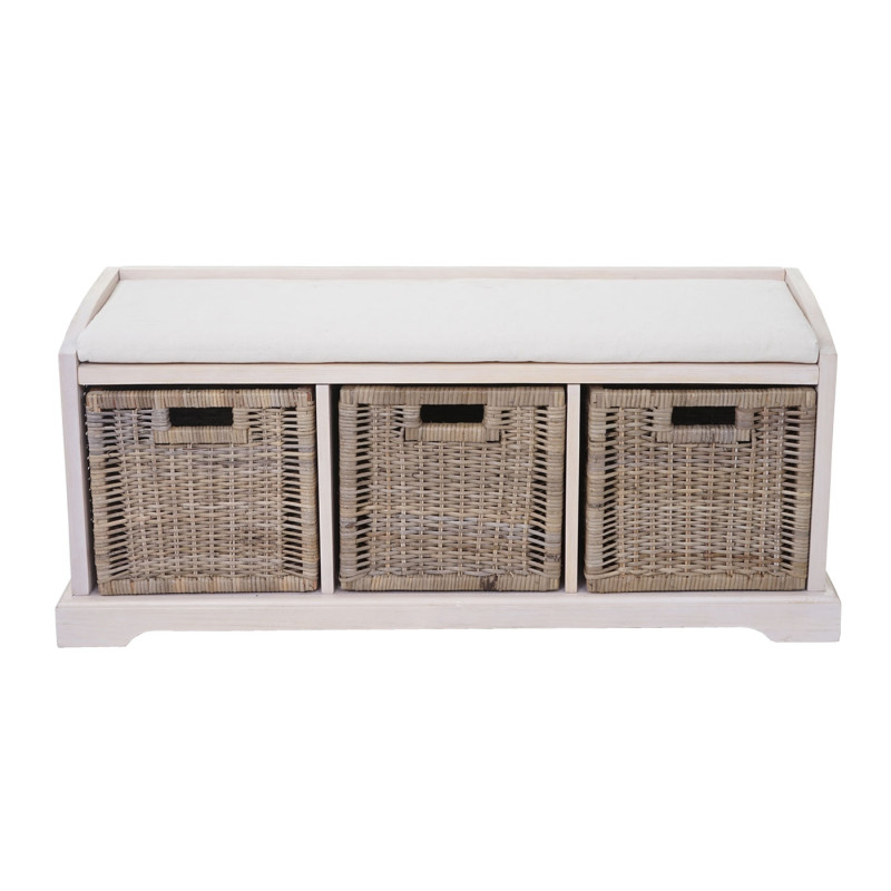 Banc / banquette Bienne, boîte de rangement, 3 paniers, treillis en rotin kubu, 112x46x37cm - blanc